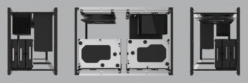 Example 4 - With the use of an additional drive bracket, you could create a NAS with 6x 3.5”, 8x 2.5” drives and some fans for cooling.